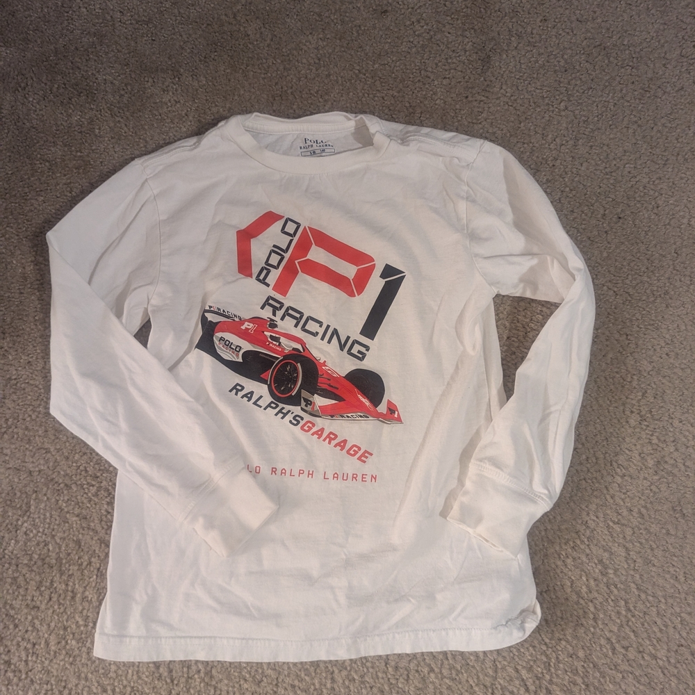 Polo by Ralph Lauren White Long Sleeve Tee with Red and Black Racing Design